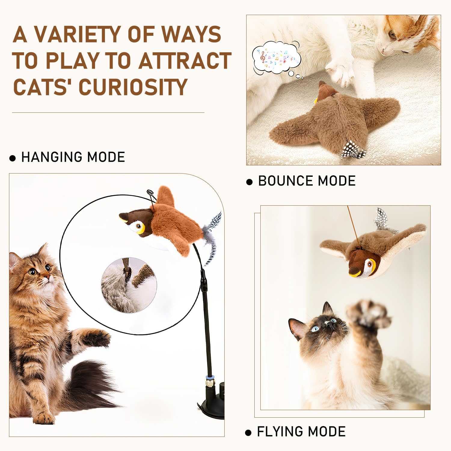 Rechargeable flying bird cat toy with realistic chirping and flapping wings for indoor cats