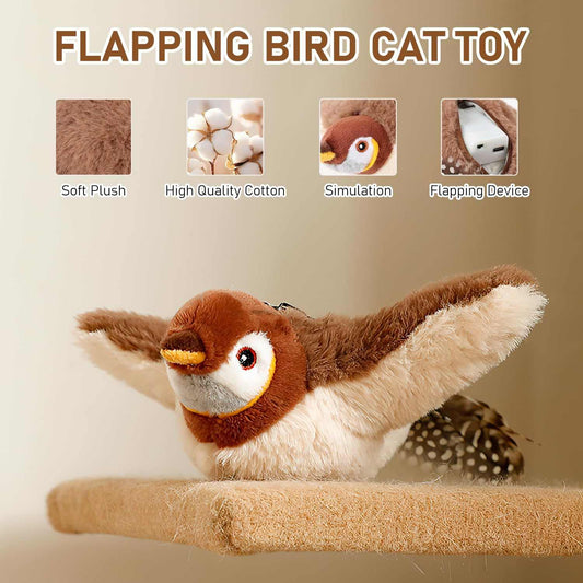 Rechargeable flying bird cat toy with plush design and realistic chirping for indoor cats