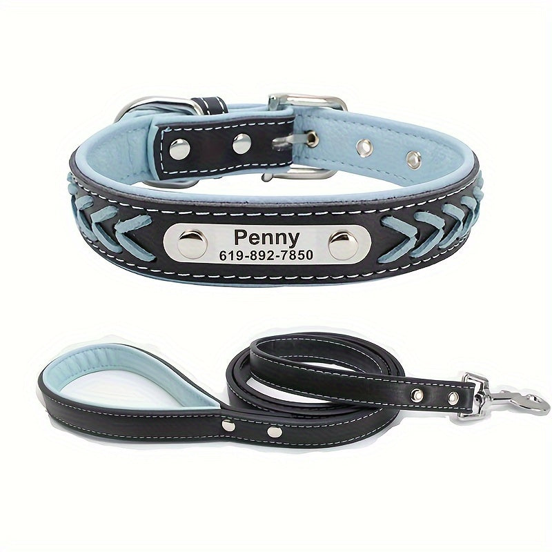 Personalized Leather Dog Collar And Leash Set With Engraving
