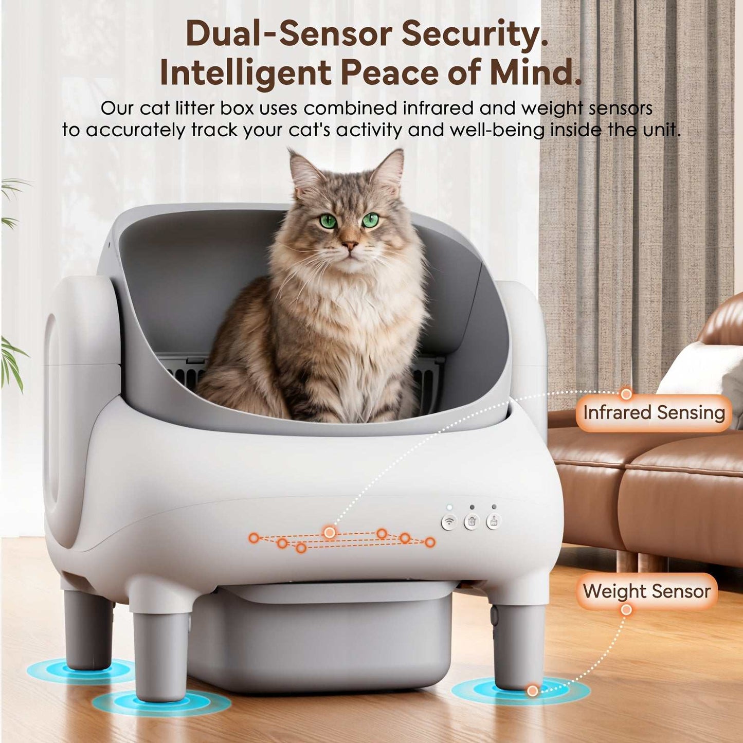 Self-Cleaning Cat Litter Box with App Control & Wi-Fi Connectivity, Large Capacity Open Design, Auto-Cleaning System, Safety Sensors, Plug-in Operation (US Plug 100-240V), Includes Garbage Bags, Modern & for Homes - Compatibl