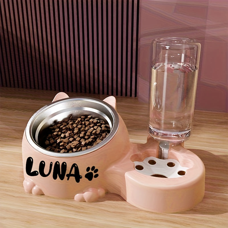 Custom Name Stainless Steel Cat Bowl With Water Dispenser