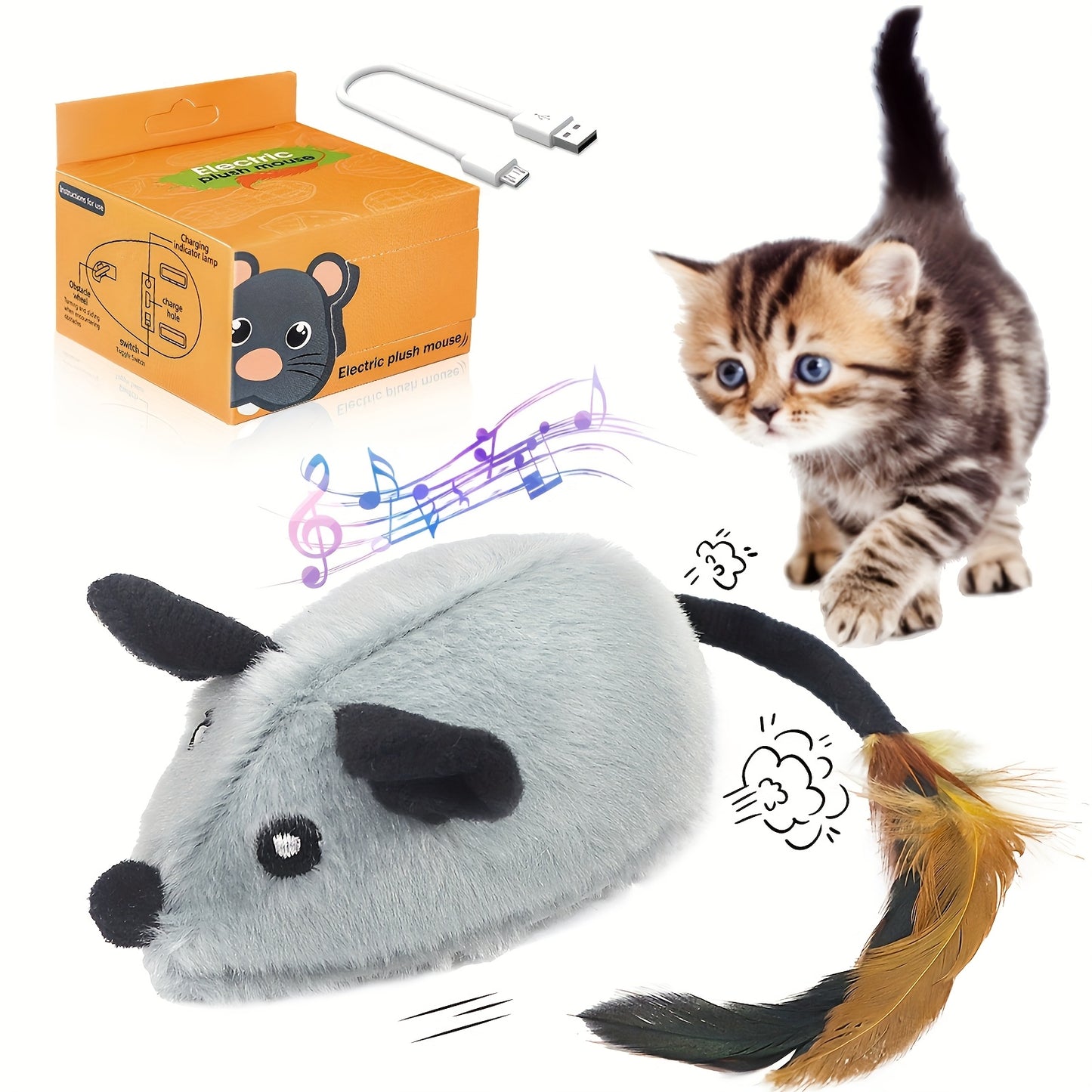 Interactive Rechargeable LED Cat Mouse Toy with Feather Tail