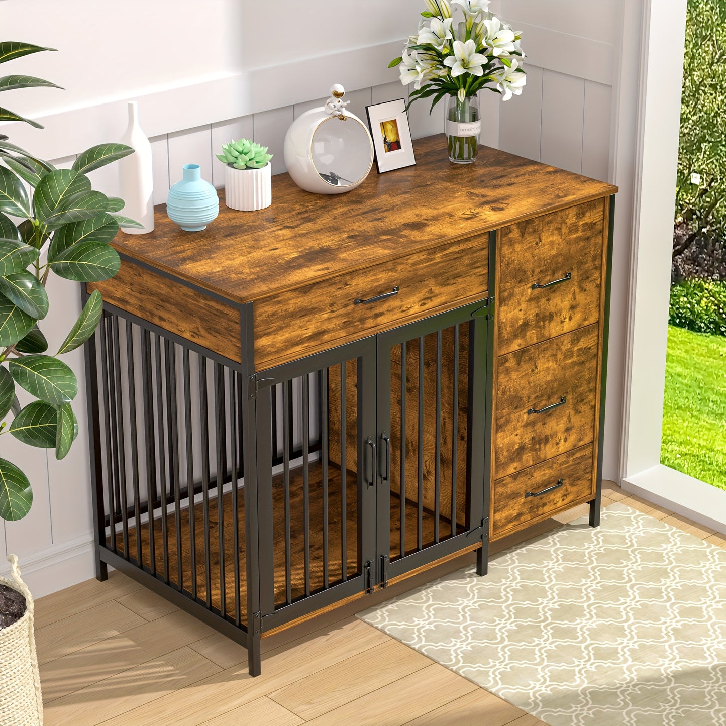 VECELO Dog Crate Furniture Indoor Kennel With Double Doors