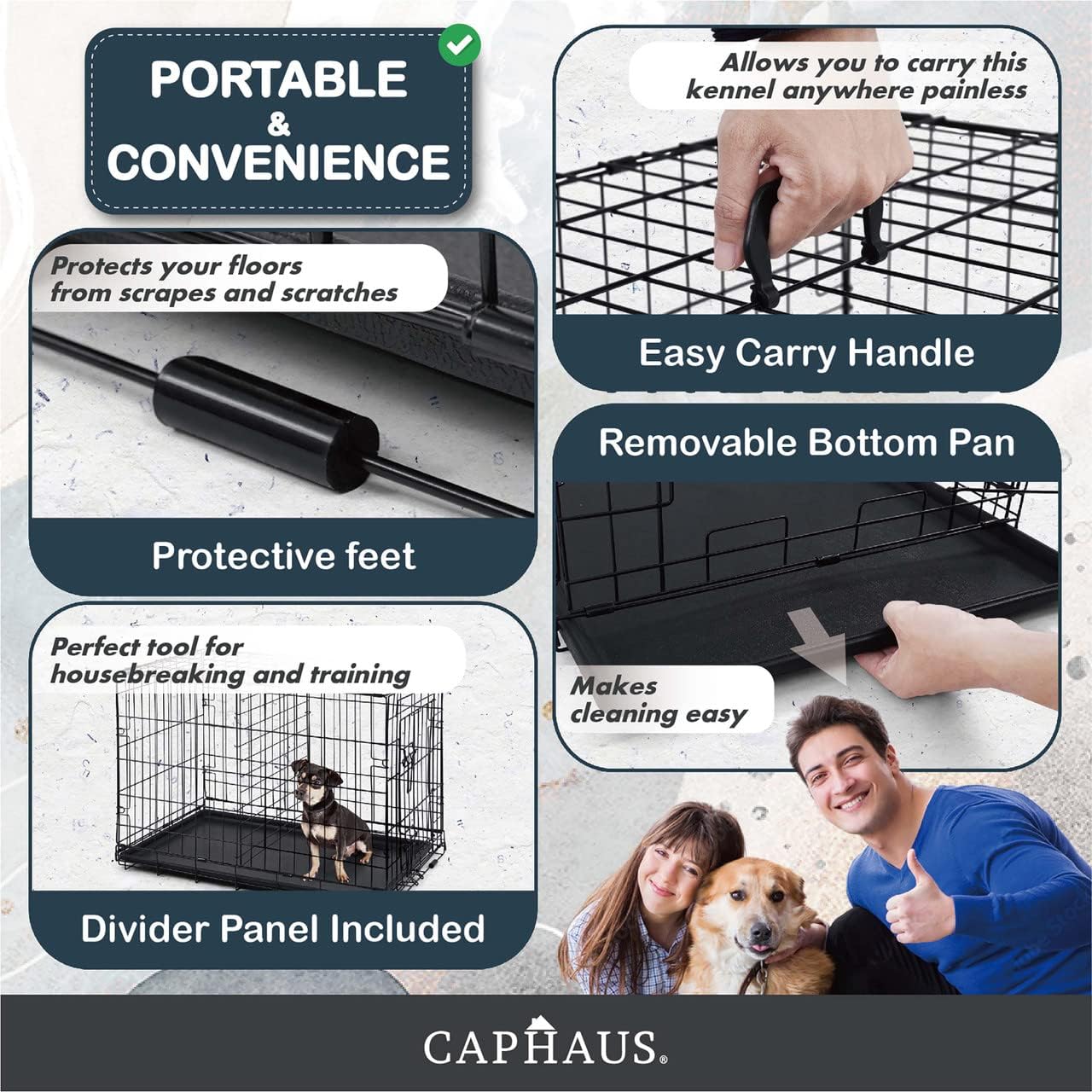 Caphaus Foldable Dog Crate with Leak-Proof Pan and Divider