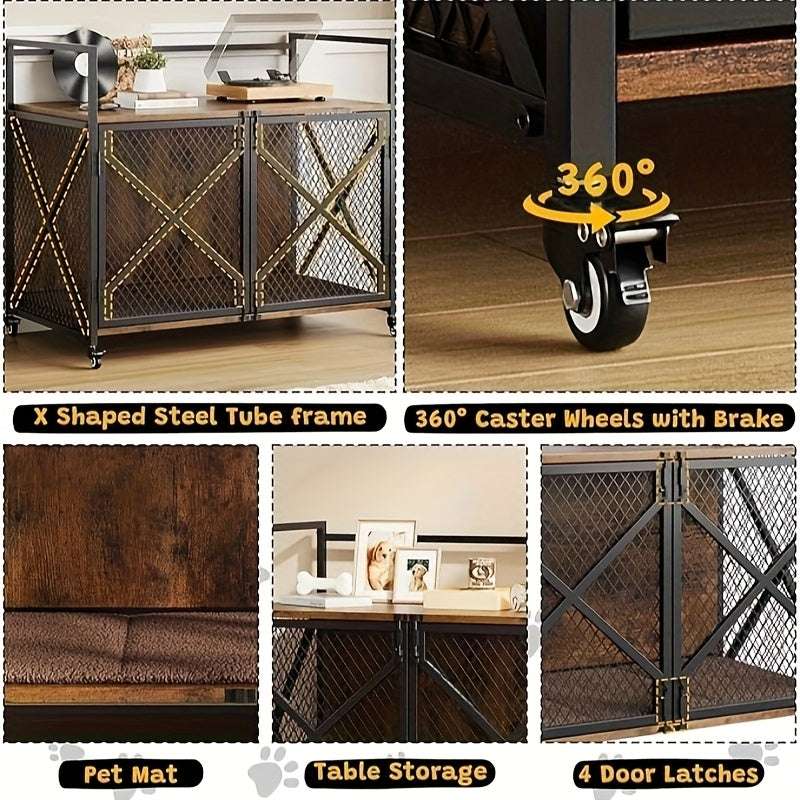Heavy-Duty Large Dog Crate Kennel Cage Suitable for Large Dogs - 31-Inch XL Indoor Wood Crate with Lockable Wheels, X-Frame Reinforced Door & -Chew Metal Bars, Spacious Pet House Furniture for Mastiffs, German Shepherads, Hus