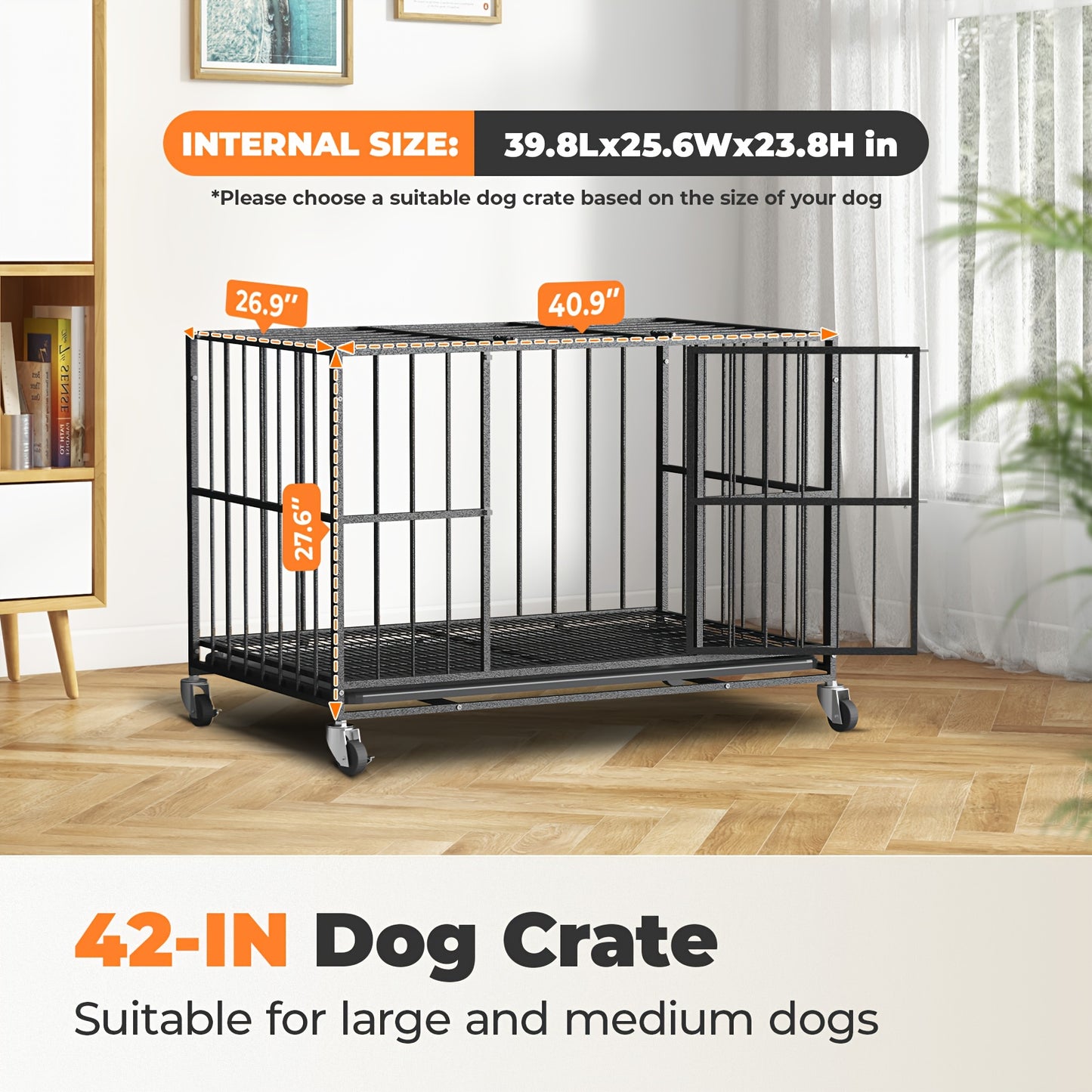 HIWOKK Heavy Duty Round Pipe Iron Dog Crate With Wheels And Removable Tray