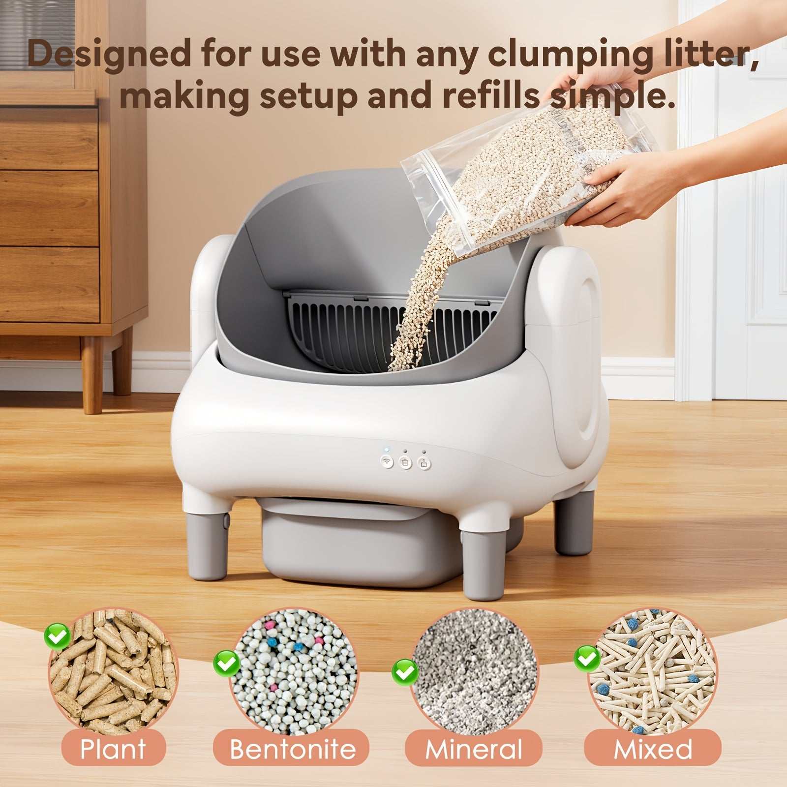 Self-Cleaning Cat Litter Box with App Control & Wi-Fi Connectivity, Large Capacity Open Design, Auto-Cleaning System, Safety Sensors, Plug-in Operation (US Plug 100-240V), Includes Garbage Bags, Modern & for Homes - Compatibl