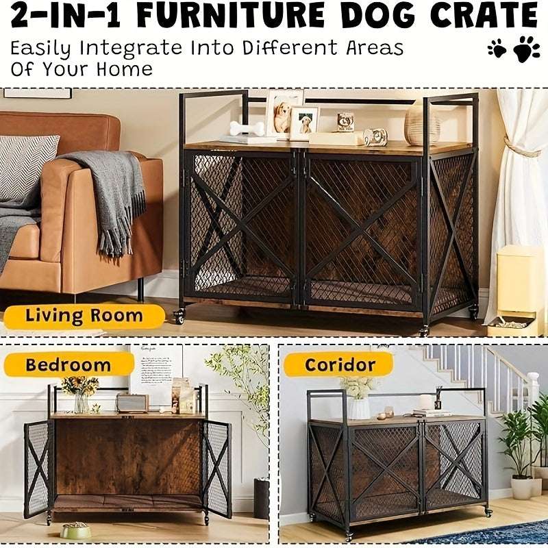 Heavy-Duty Large Dog Crate Kennel Cage Suitable for Large Dogs - 31-Inch XL Indoor Wood Crate with Lockable Wheels, X-Frame Reinforced Door & -Chew Metal Bars, Spacious Pet House Furniture for Mastiffs, German Shepherads, Hus