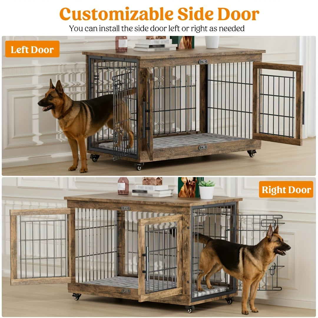 AOWOS Wooden Dog Crate With Anti Slip Mat And Lock