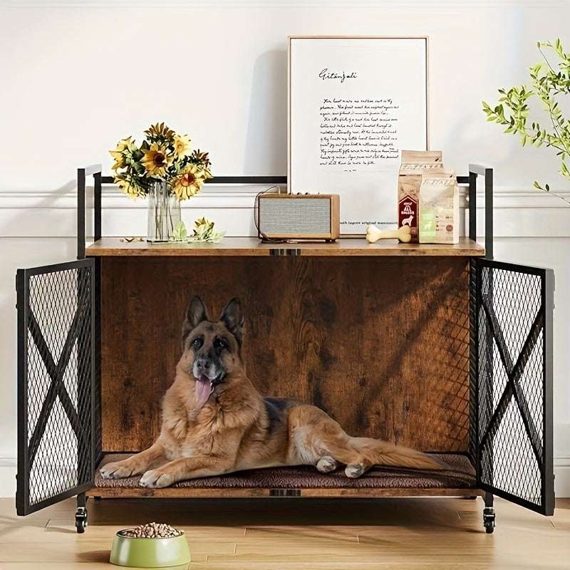 Heavy-Duty Large Dog Crate Kennel Cage Suitable for Large Dogs - 31-Inch XL Indoor Wood Crate with Lockable Wheels, X-Frame Reinforced Door & -Chew Metal Bars, Spacious Pet House Furniture for Mastiffs, German Shepherads, Hus