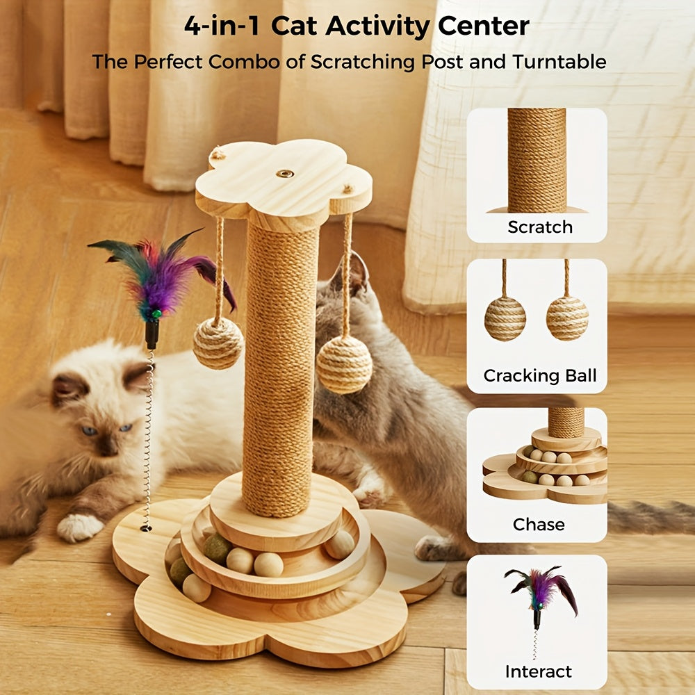 4 In 1 Wooden Cat Scratching Post With Interactive Toys