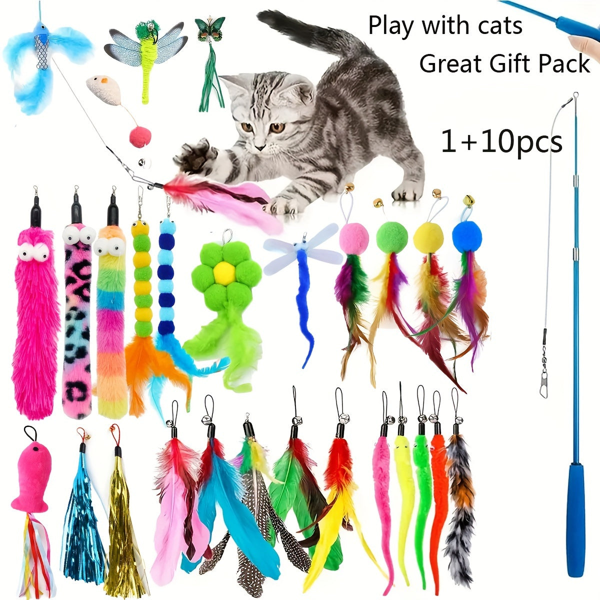 Interactive Cat Wand Toy With Retractable Feather Refills