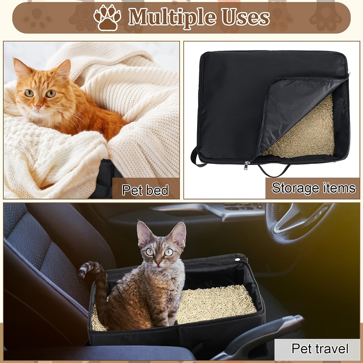 Portable Collapsible Cat Litter Box Zipper Lid for Travel