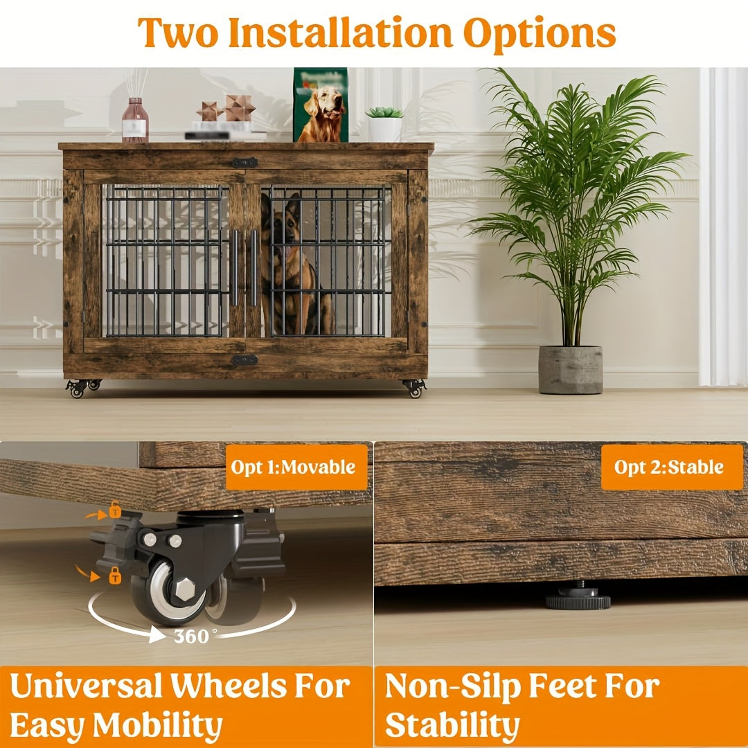 AOWOS Wooden Dog Crate With Anti Slip Mat And Lock