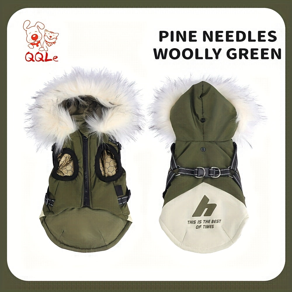 QQLE Autumn Winter Dog Jacket With Hood And Leash Hook