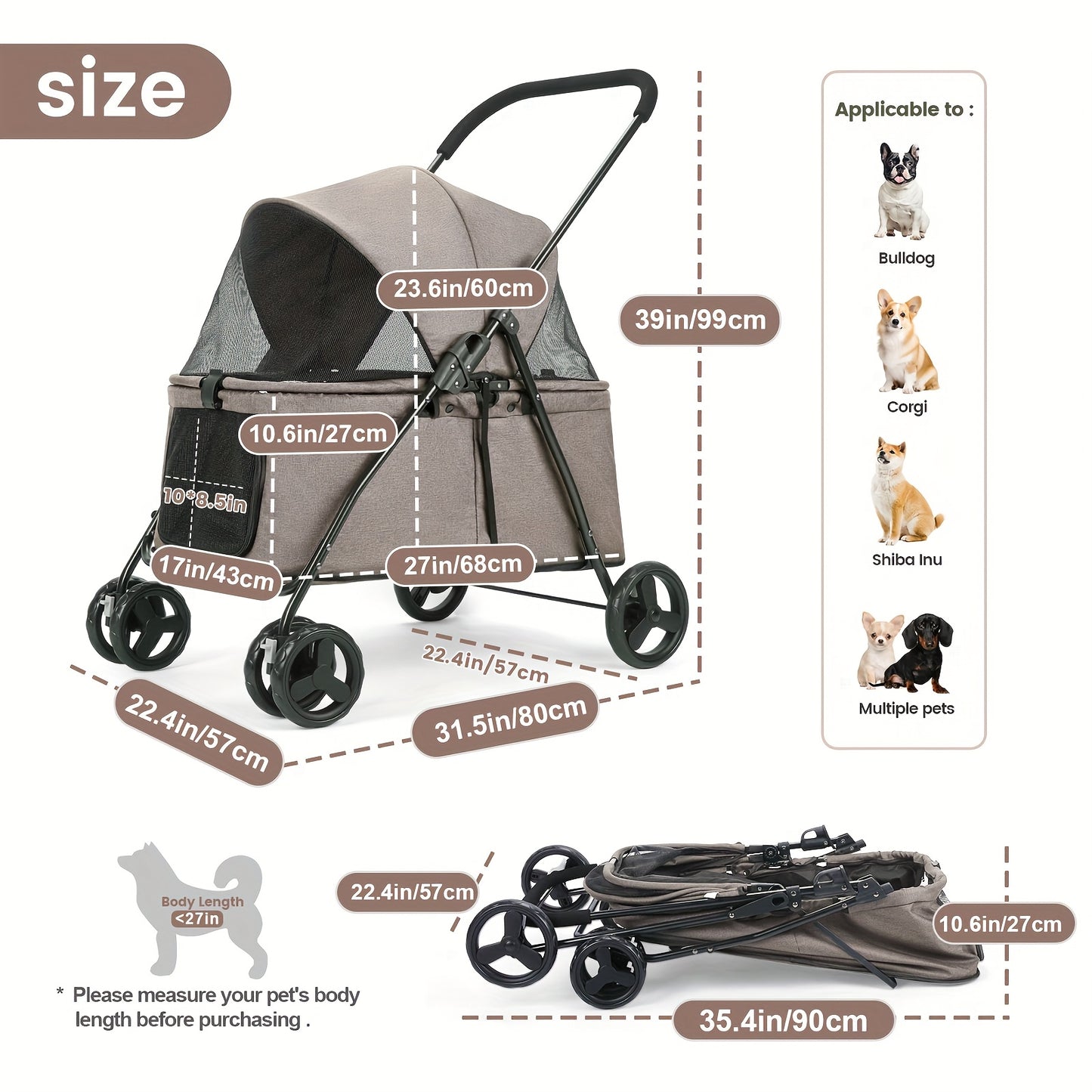 Heavy Duty Pet Stroller One Touch Folding Spacious Interior