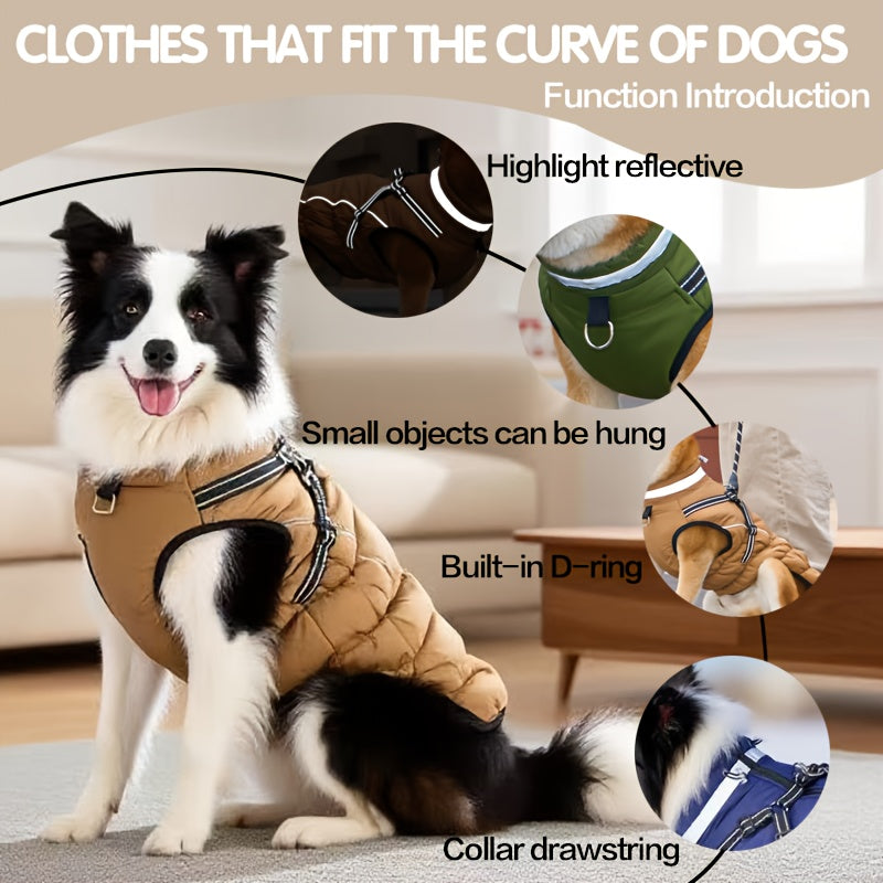 Winter Dog Coat With Leash Harness Reflective Padded Jacket