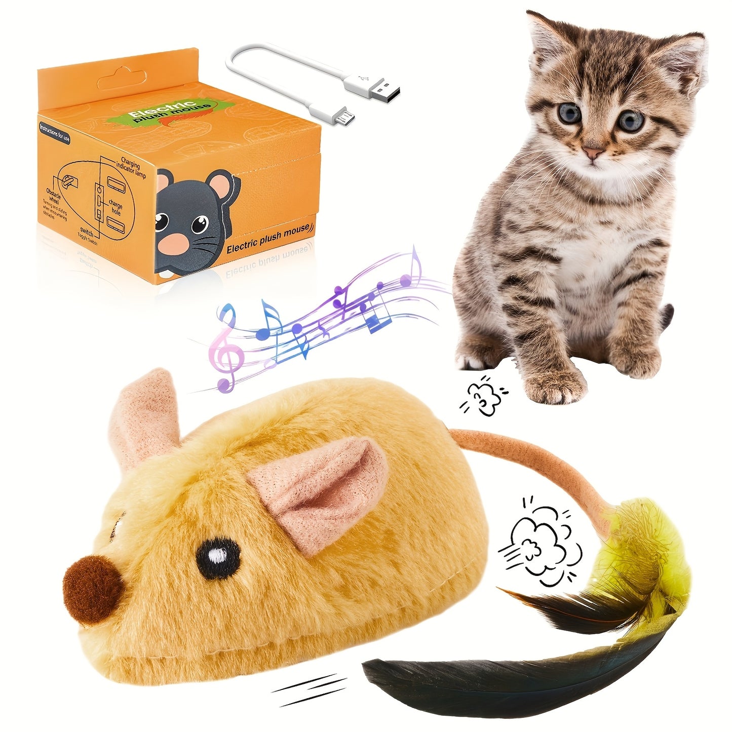 Interactive Rechargeable LED Cat Mouse Toy with Feather Tail