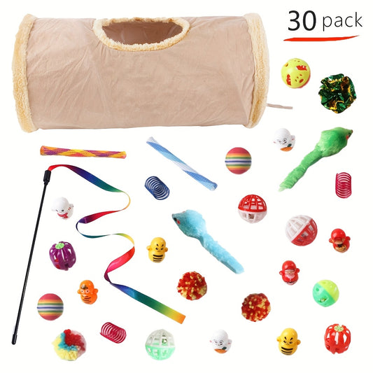 30 Piece Cat Toy Set Foldable Fleece Tunnel Teaser Wand Mouse Toys Bell Ball