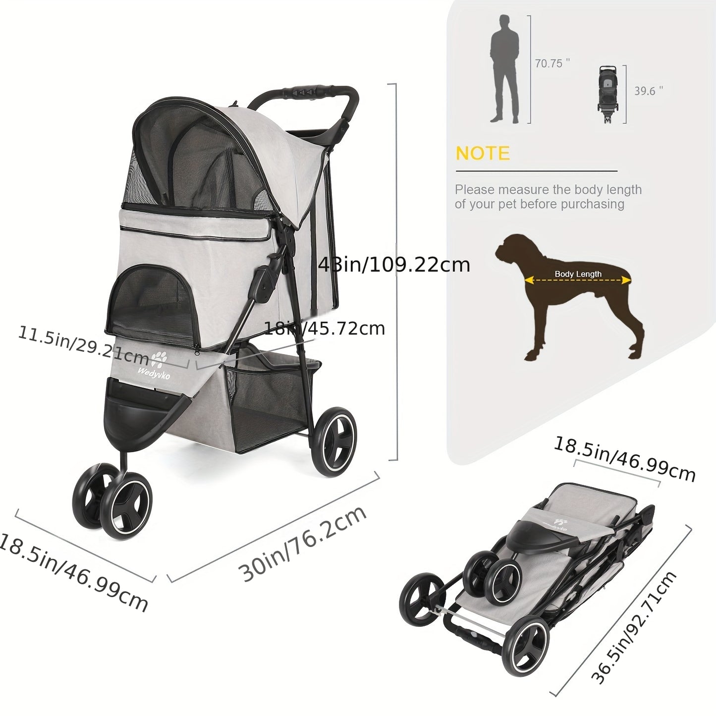 Wedyvko Dog Stroller With Storage Basket And Mesh Canopy