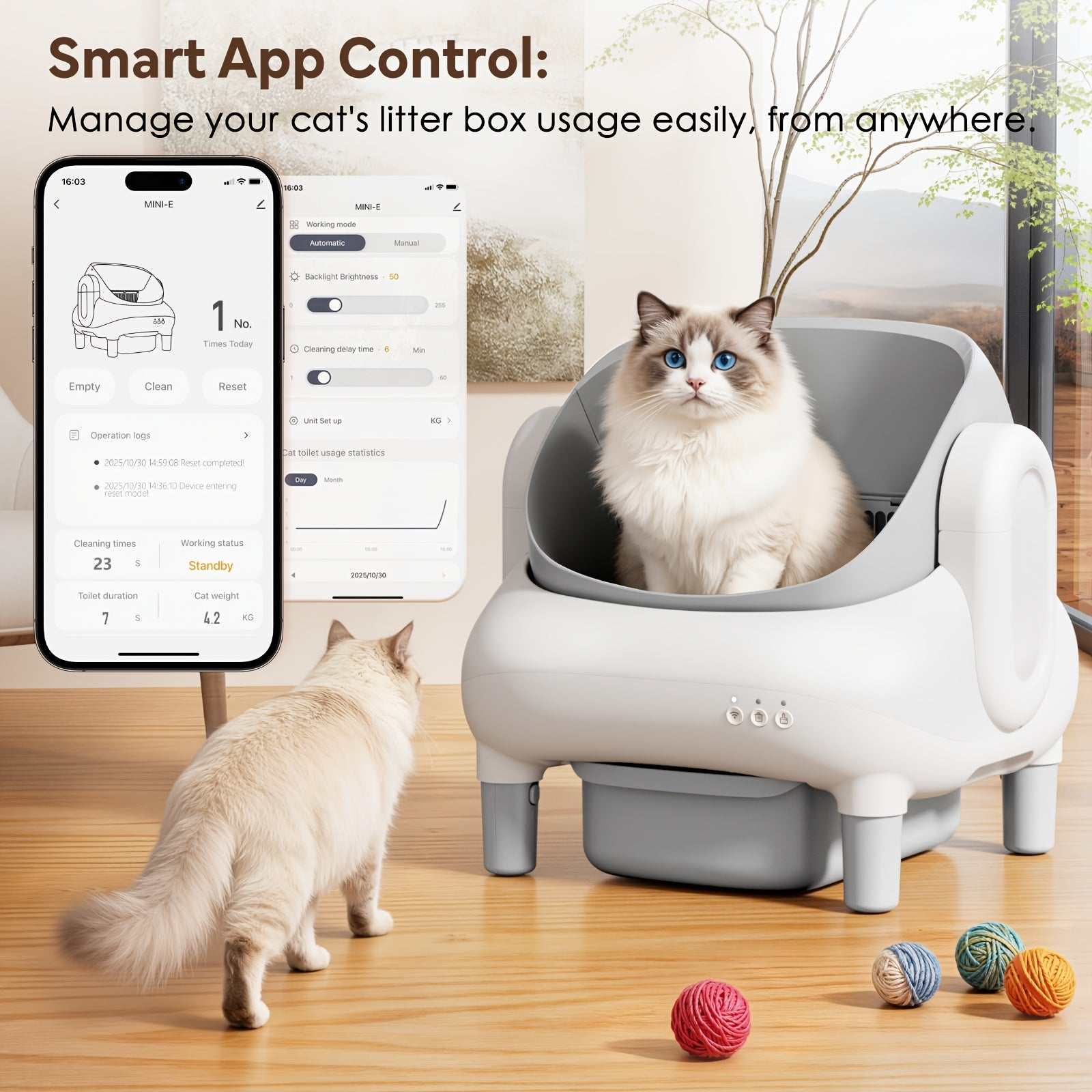 Self-Cleaning Cat Litter Box with App Control & Wi-Fi Connectivity, Large Capacity Open Design, Auto-Cleaning System, Safety Sensors, Plug-in Operation (US Plug 100-240V), Includes Garbage Bags, Modern & for Homes - Compatibl