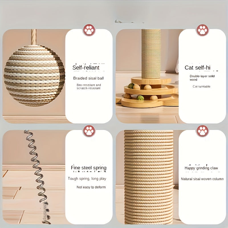4 In 1 Wooden Cat Scratching Post With Interactive Toys