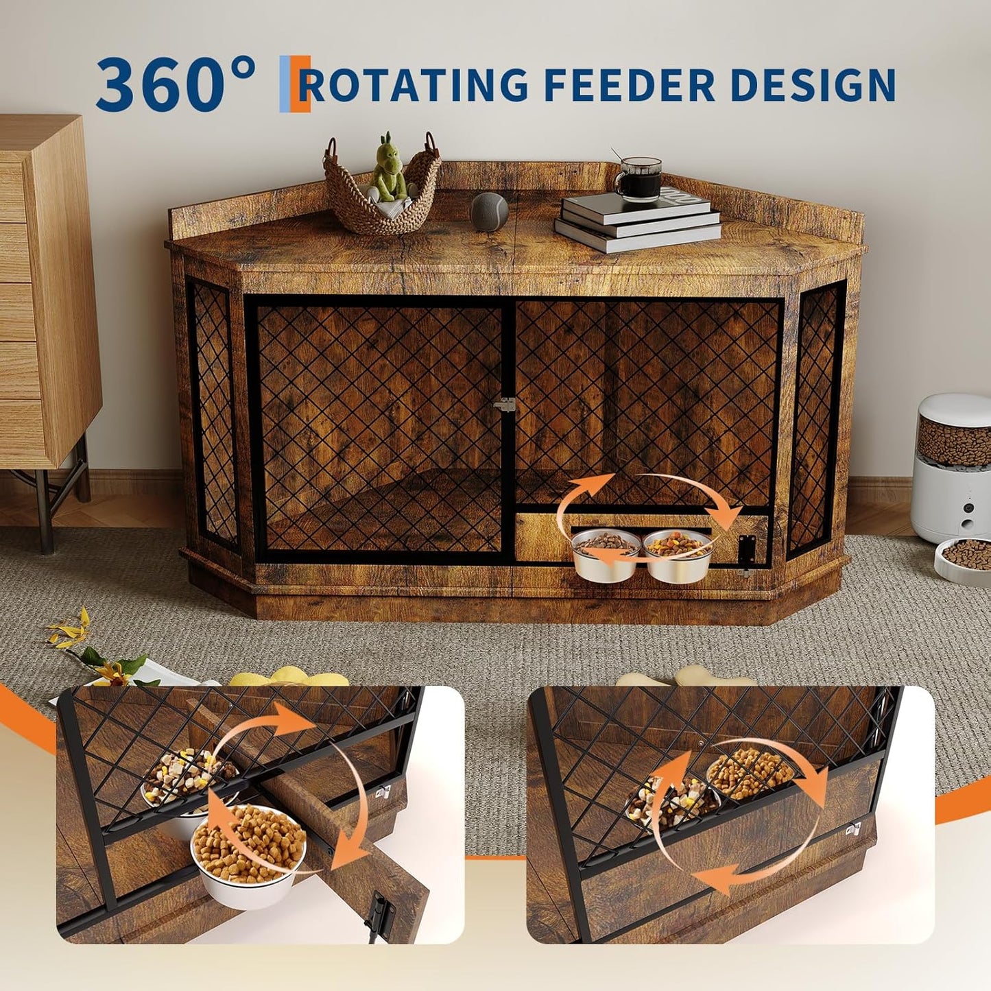 GAOMON Corner Dog Crate End Table With Rotating Feeder