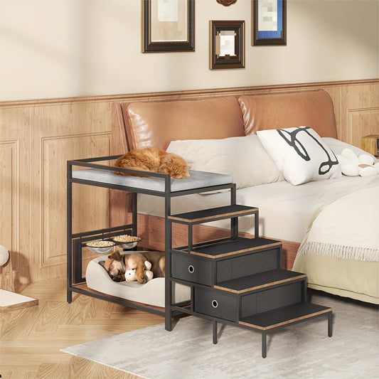 4-Step Pet Tree House With Stairs And Elevated Feeder