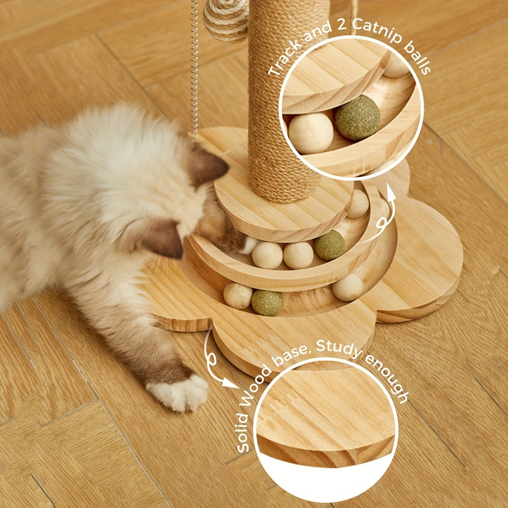 4 In 1 Wooden Cat Scratching Post With Interactive Toys