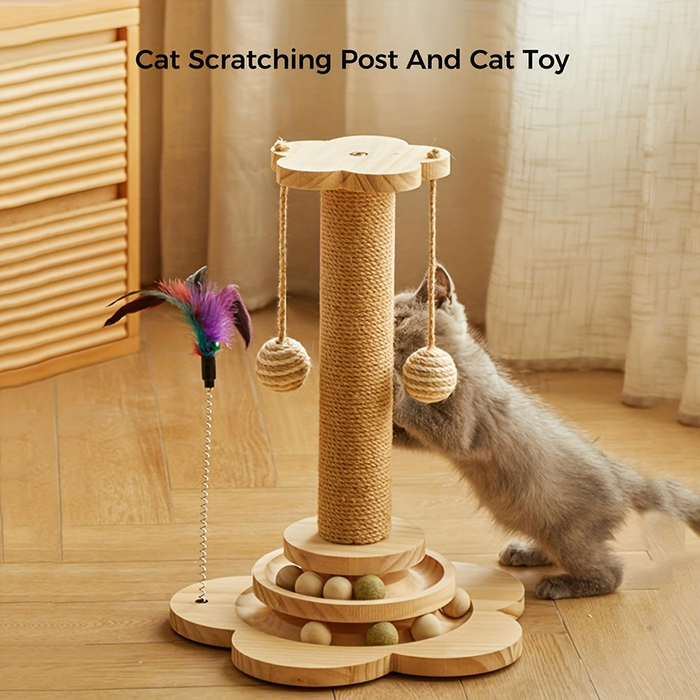 4 In 1 Wooden Cat Scratching Post With Interactive Toys