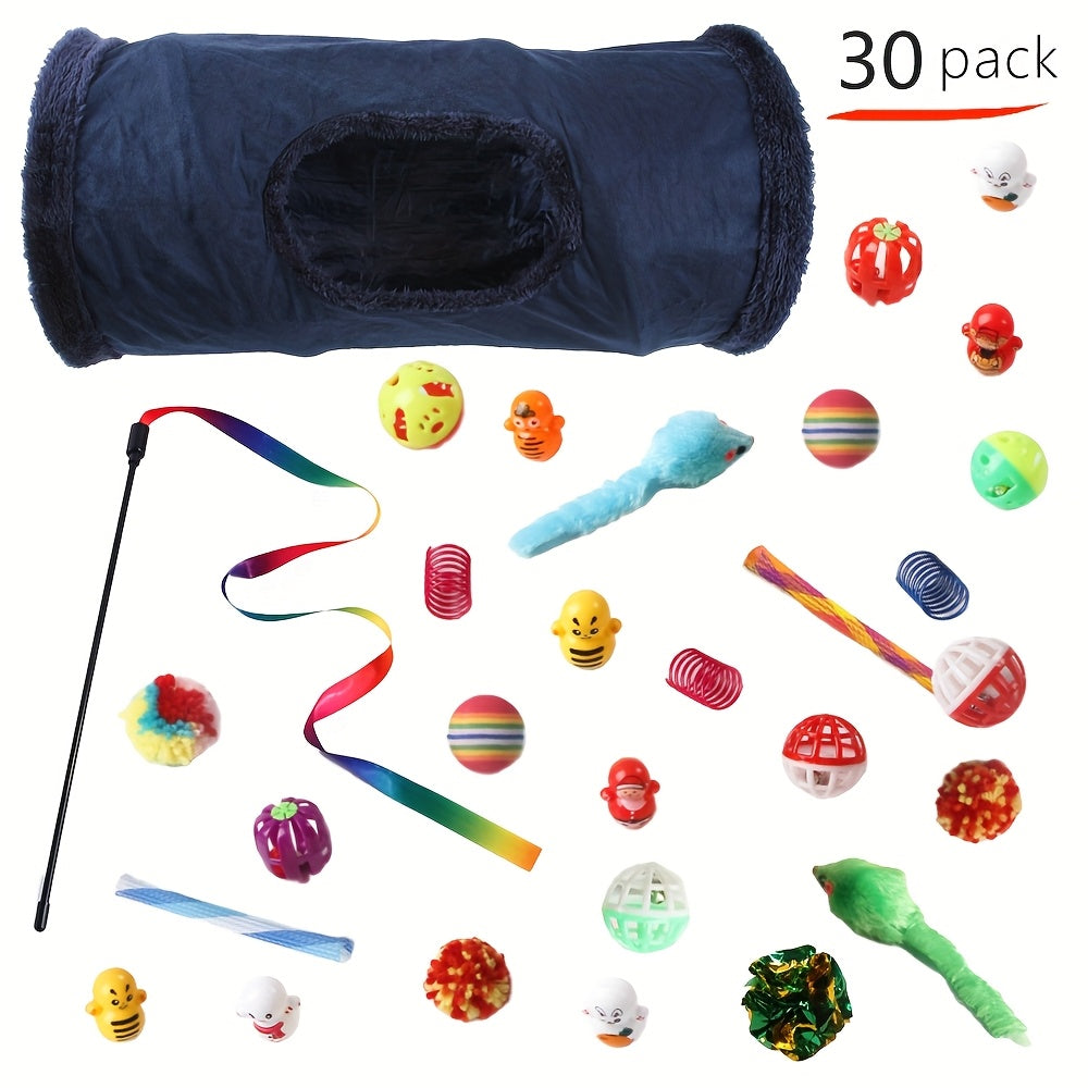 30 Piece Cat Toy Set Foldable Fleece Tunnel Teaser Wand Mouse Toys Bell Ball