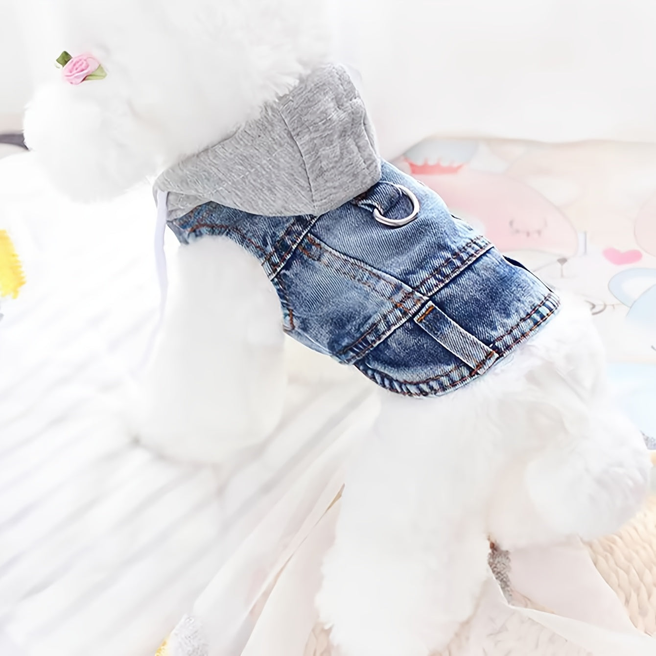 Trendy Denim Dog Vest with Adjustable Hat and Fleece Lining