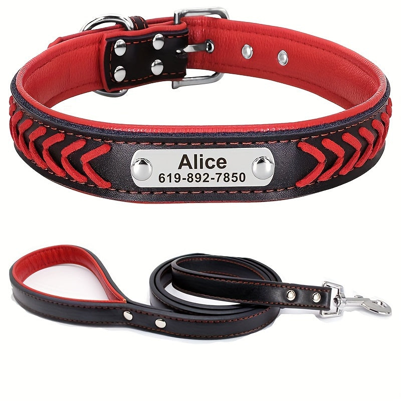 Personalized Leather Dog Collar And Leash Set With Engraving