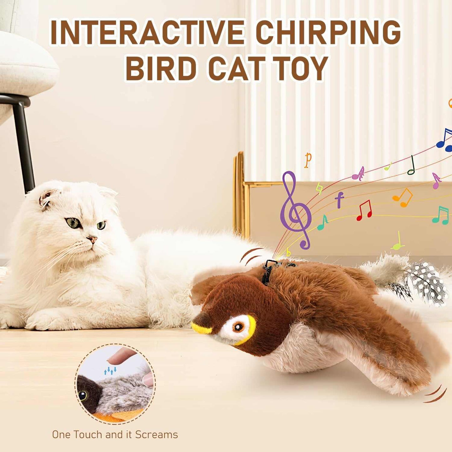 Rechargeable flying bird cat toy with plush design and realistic flapping wings for indoor kittens