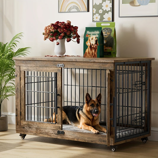 AOWOS Wooden Dog Crate With Anti Slip Mat And Lock
