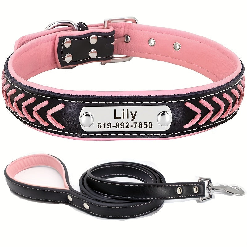 Personalized Leather Dog Collar And Leash Set With Engraving