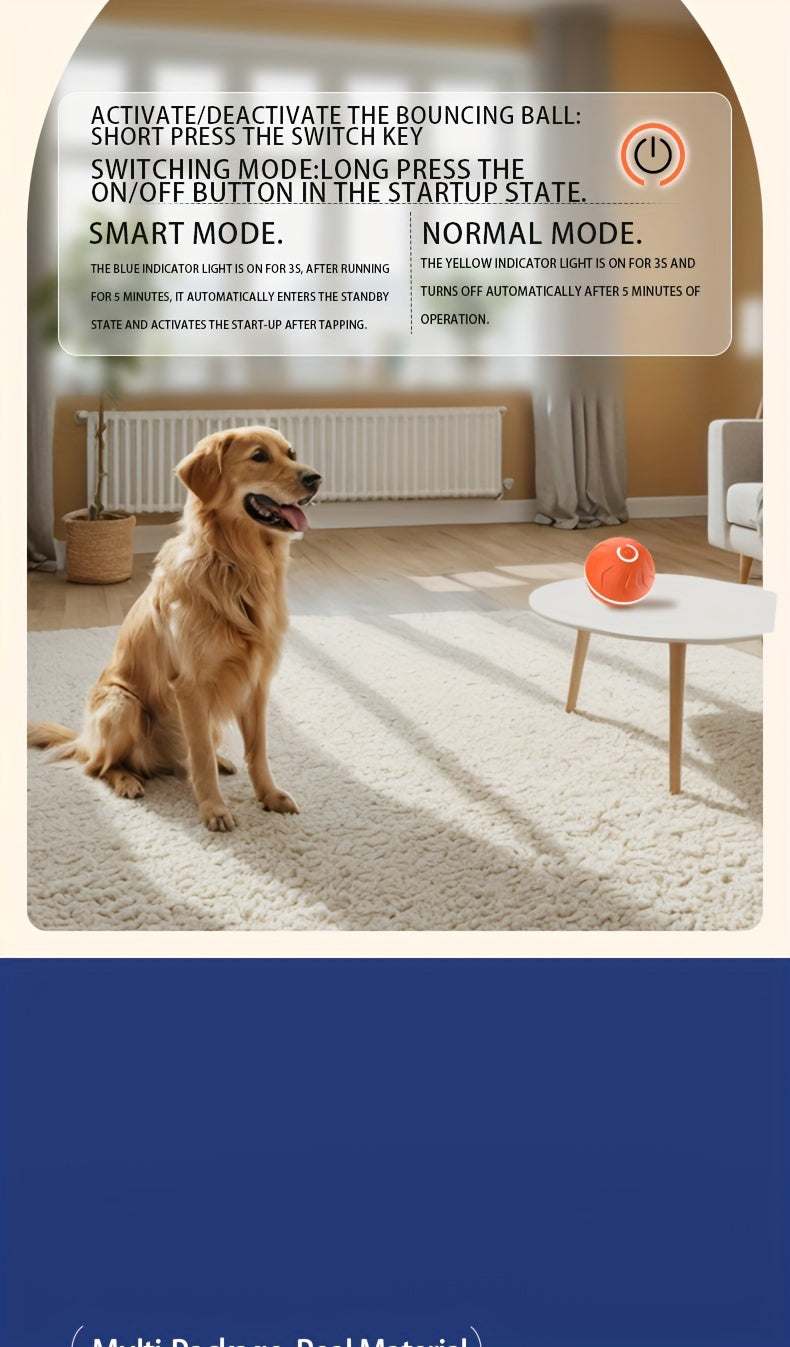 Smart Dog Teasing Ball, Interactive, Random Rolling & Jumping, Colorful Lights, Super Long 4-Hour Life, Includes Charging Cable & Manual, Multi-Surface Rolling & Jumping, Suitable for Tile Floors, Lawns, and Carpets