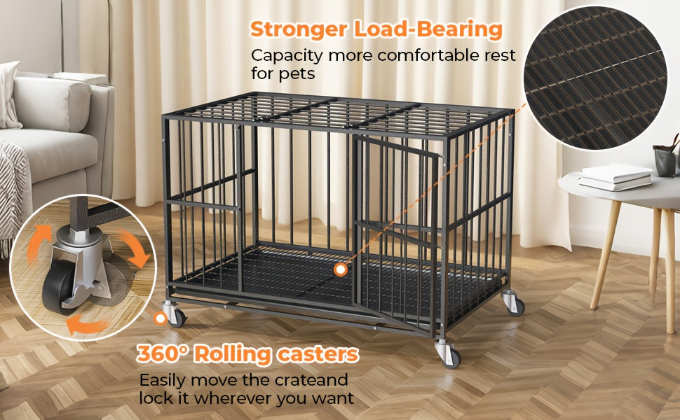 HIWOKK Heavy Duty Round Pipe Iron Dog Crate With Wheels And Removable Tray