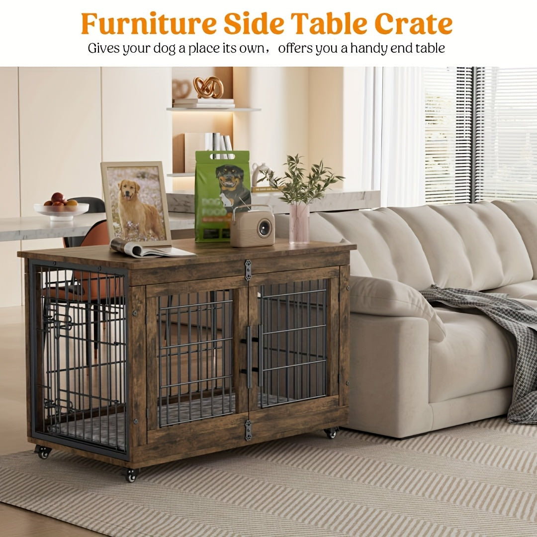 AOWOS Wooden Dog Crate With Anti Slip Mat And Lock