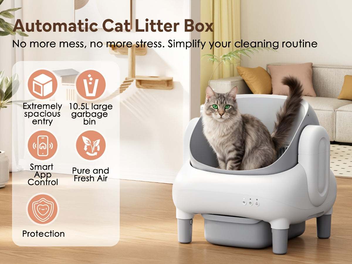 Self-Cleaning Cat Litter Box with App Control & Wi-Fi Connectivity, Large Capacity Open Design, Auto-Cleaning System, Safety Sensors, Plug-in Operation (US Plug 100-240V), Includes Garbage Bags, Modern & for Homes - Compatibl