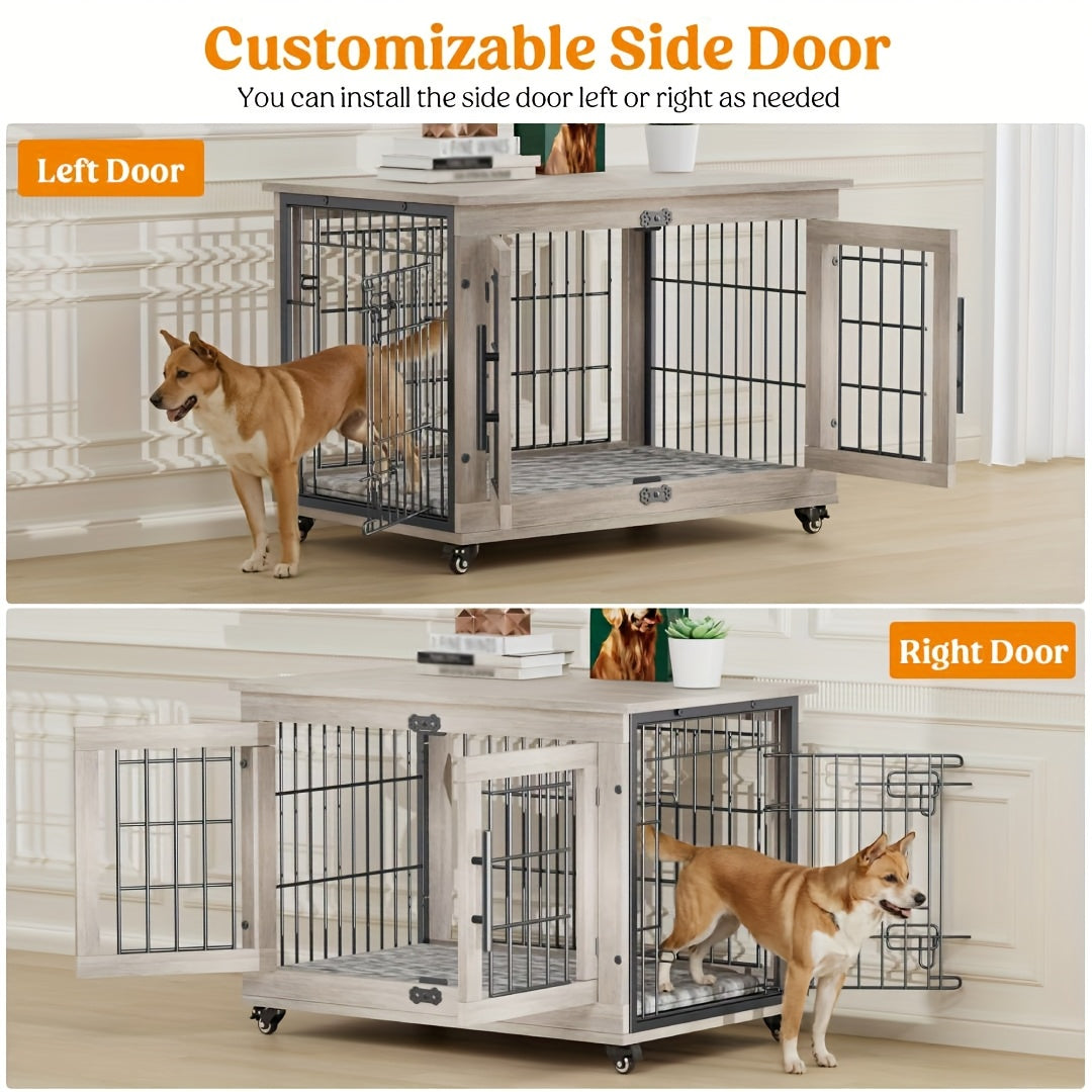 AOWOS Wooden Dog Crate With Anti Slip Mat And Lock