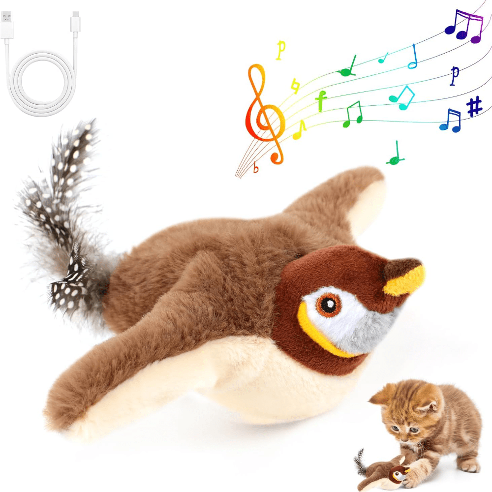 Rechargeable flying bird cat toy with plush material and realistic chirping for indoor cats