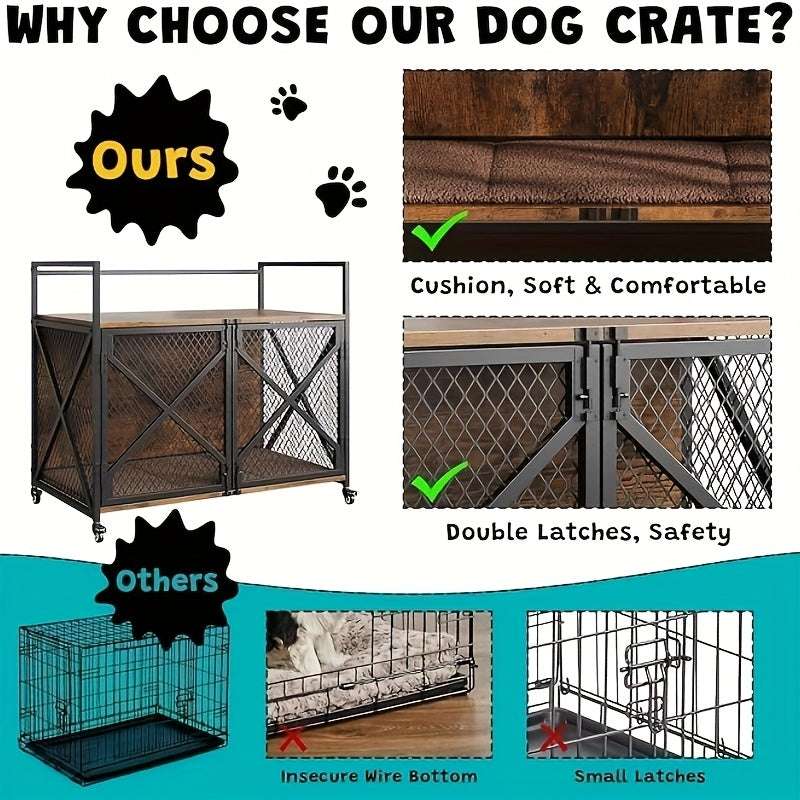 Heavy-Duty Large Dog Crate Kennel Cage Suitable for Large Dogs - 31-Inch XL Indoor Wood Crate with Lockable Wheels, X-Frame Reinforced Door & -Chew Metal Bars, Spacious Pet House Furniture for Mastiffs, German Shepherads, Hus