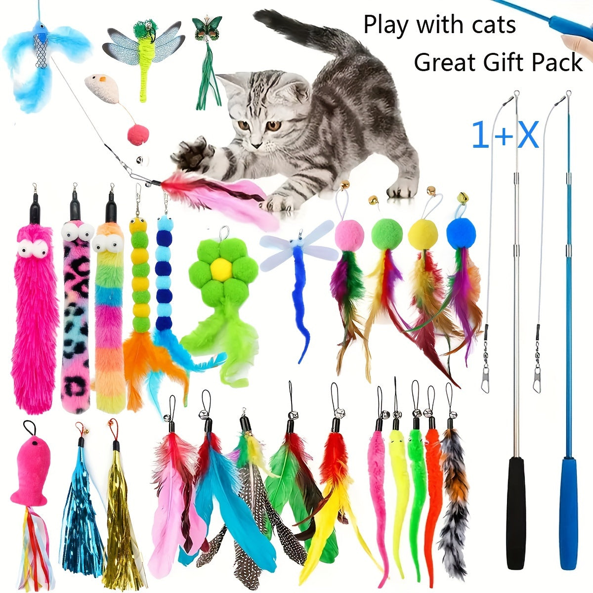 Interactive Cat Wand Toy With Retractable Feather Refills
