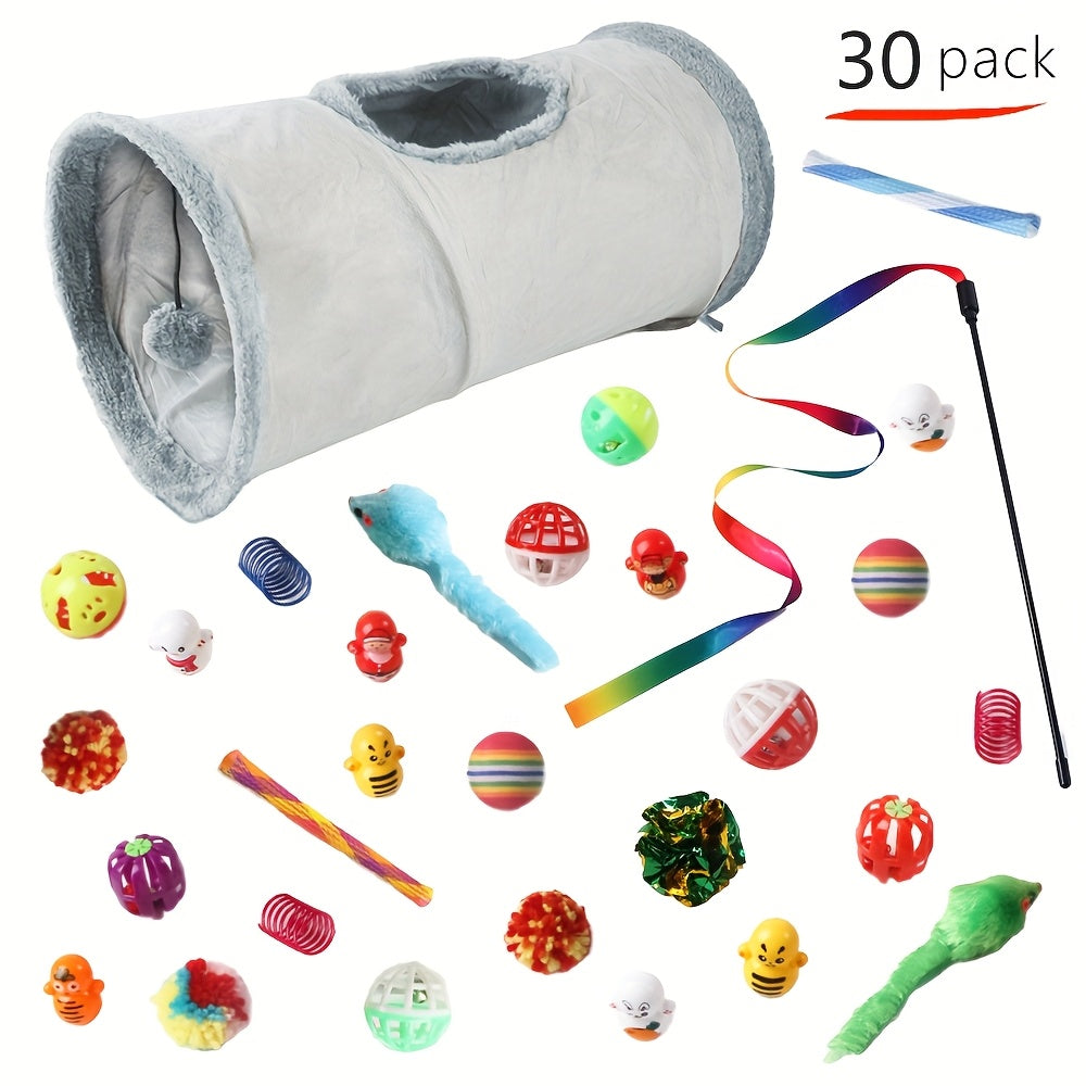 30 Piece Cat Toy Set Foldable Fleece Tunnel Teaser Wand Mouse Toys Bell Ball