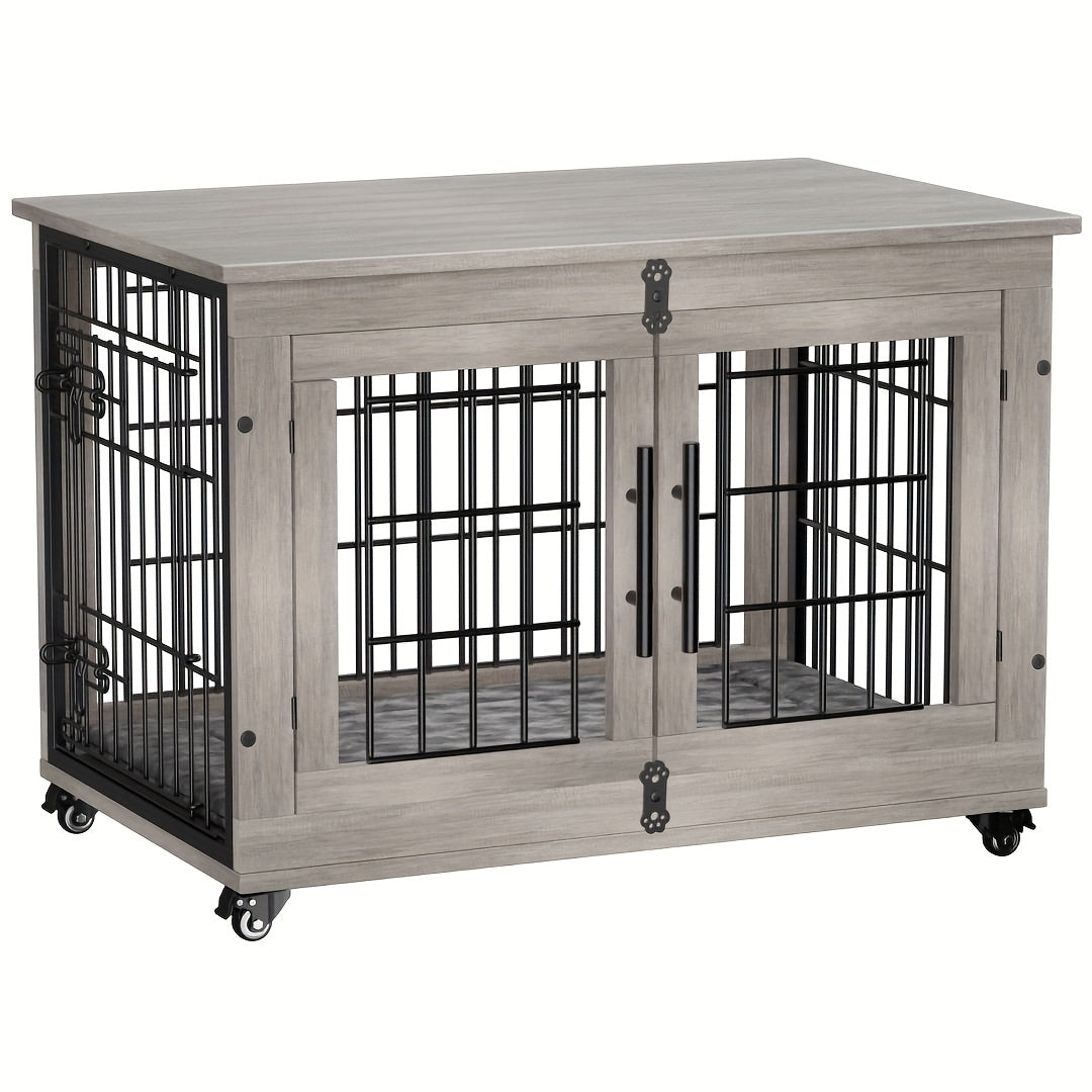 AOWOS Wooden Dog Crate With Anti Slip Mat And Lock