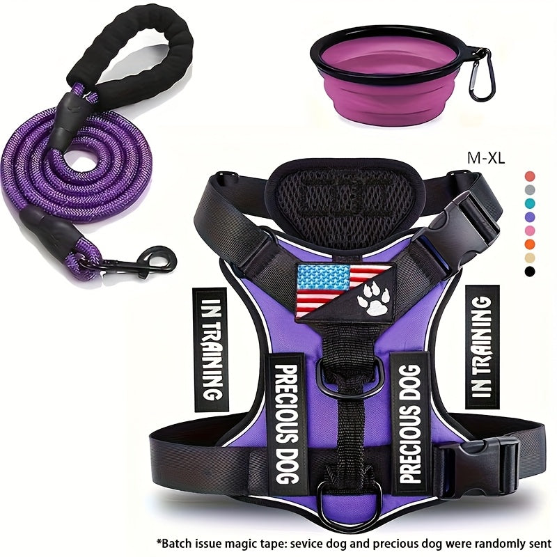 Reflective Service Dog Harness Set With Leash 5 Patches Kit
