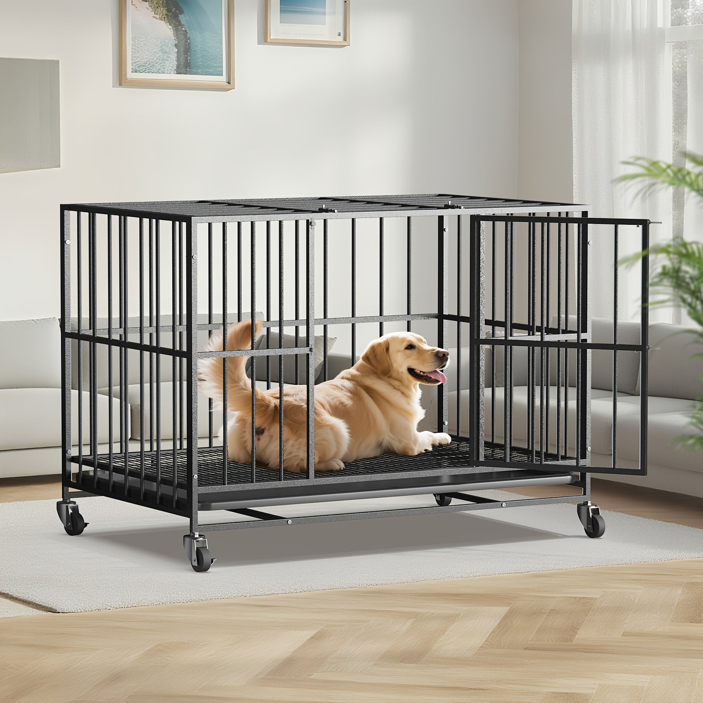 HIWOKK Heavy Duty Iron Dog Crate With Wheels And Tray