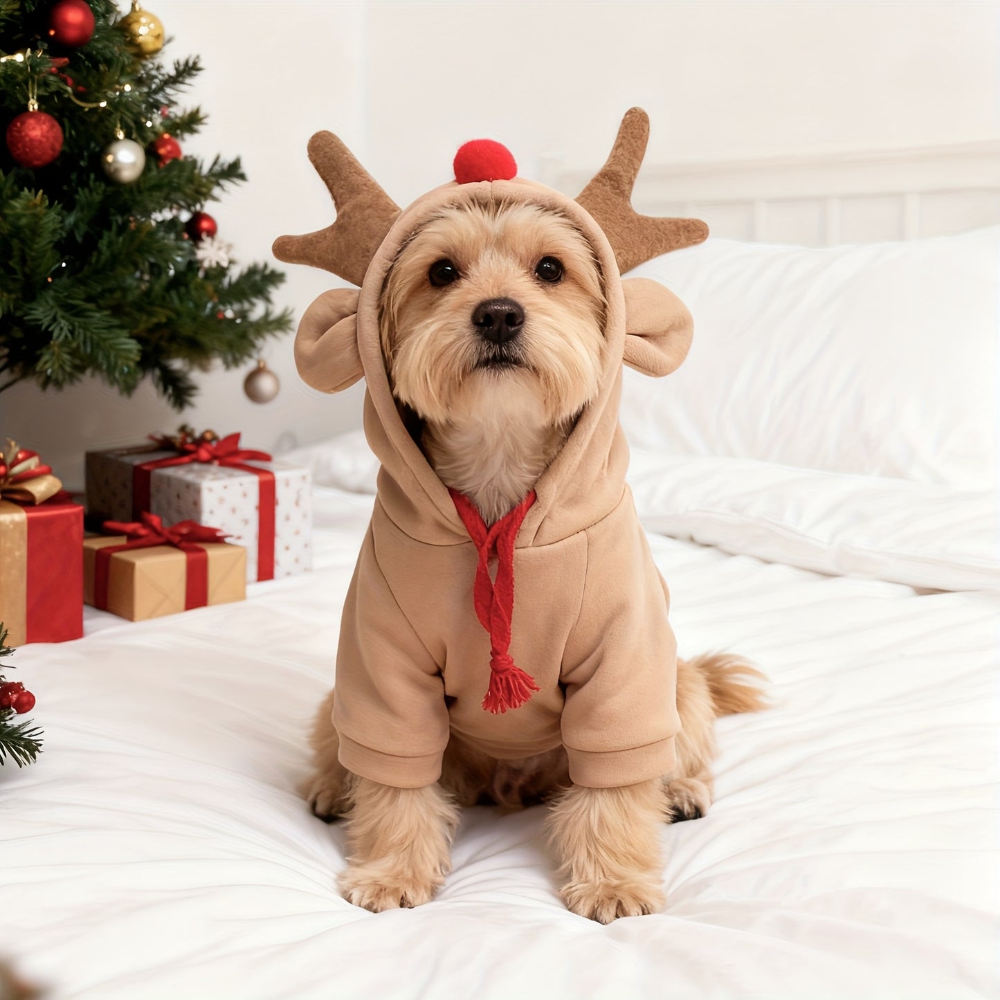 Christmas Dog Hoodie Reindeer Hat Design Pet Sweatshirt