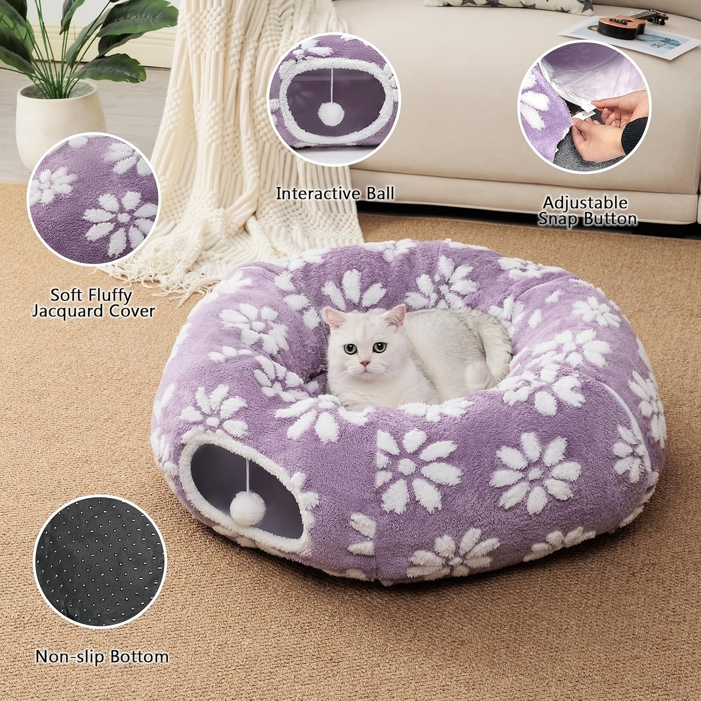 Collapsible Cat Tunnel With Play Balls And Flower Design For Indoor Cats